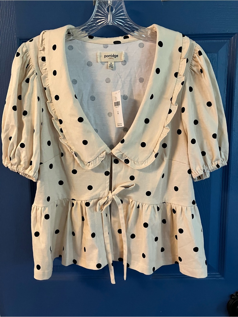 Porridge Cream Polka Dot Ruffle Collar Tie-Front Blouse